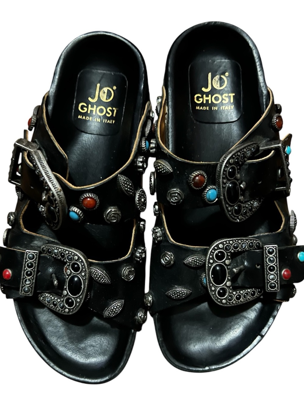 Jo Ghost Studded Turquoise & Silver Embellished Western Buckle Leather Slide